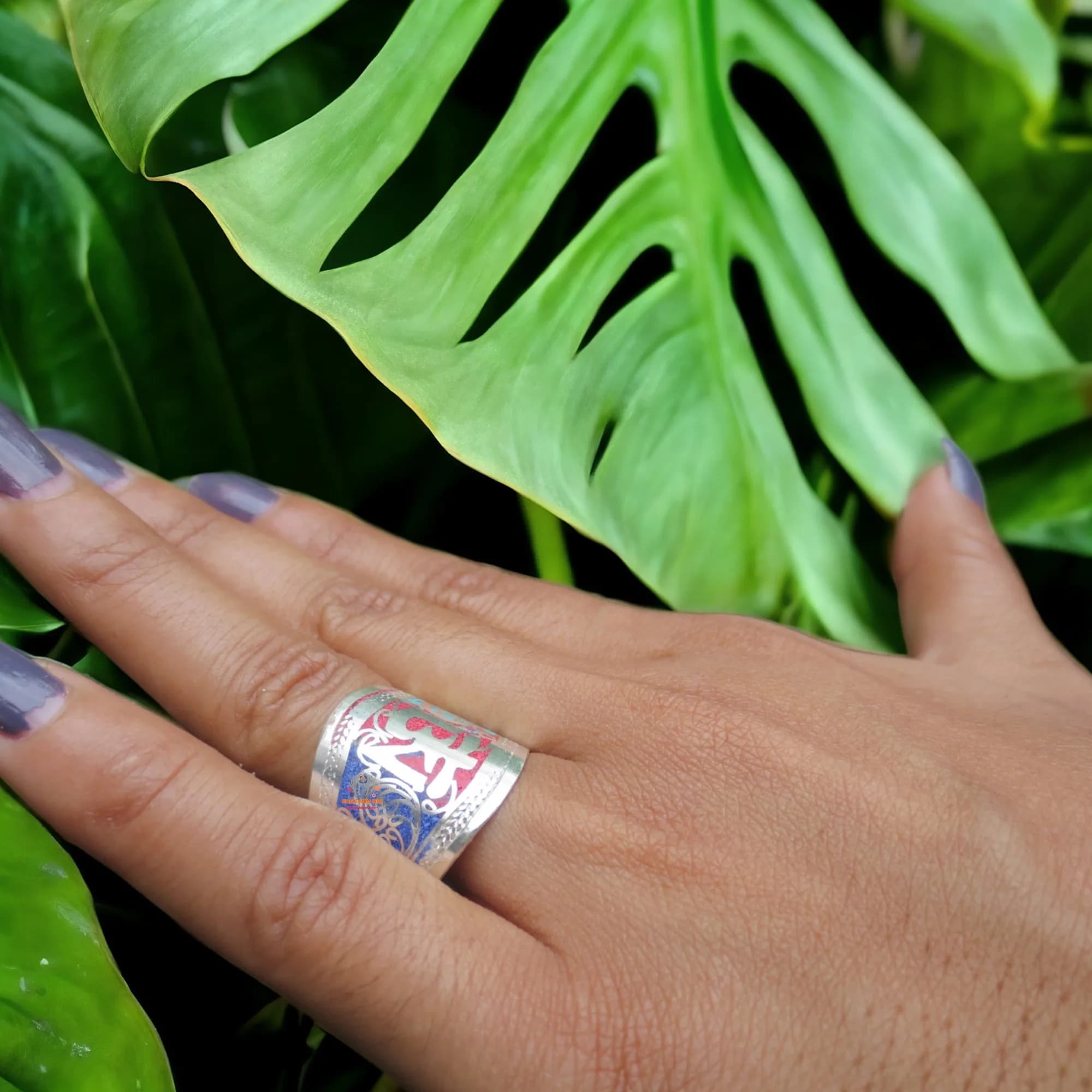 Tibetan Om Finger Ring Coral