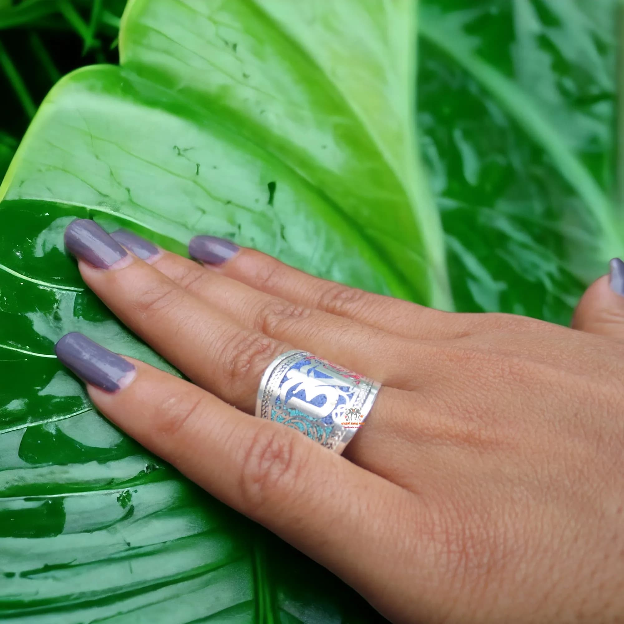 Tibetan Om Finger Ring Lapis