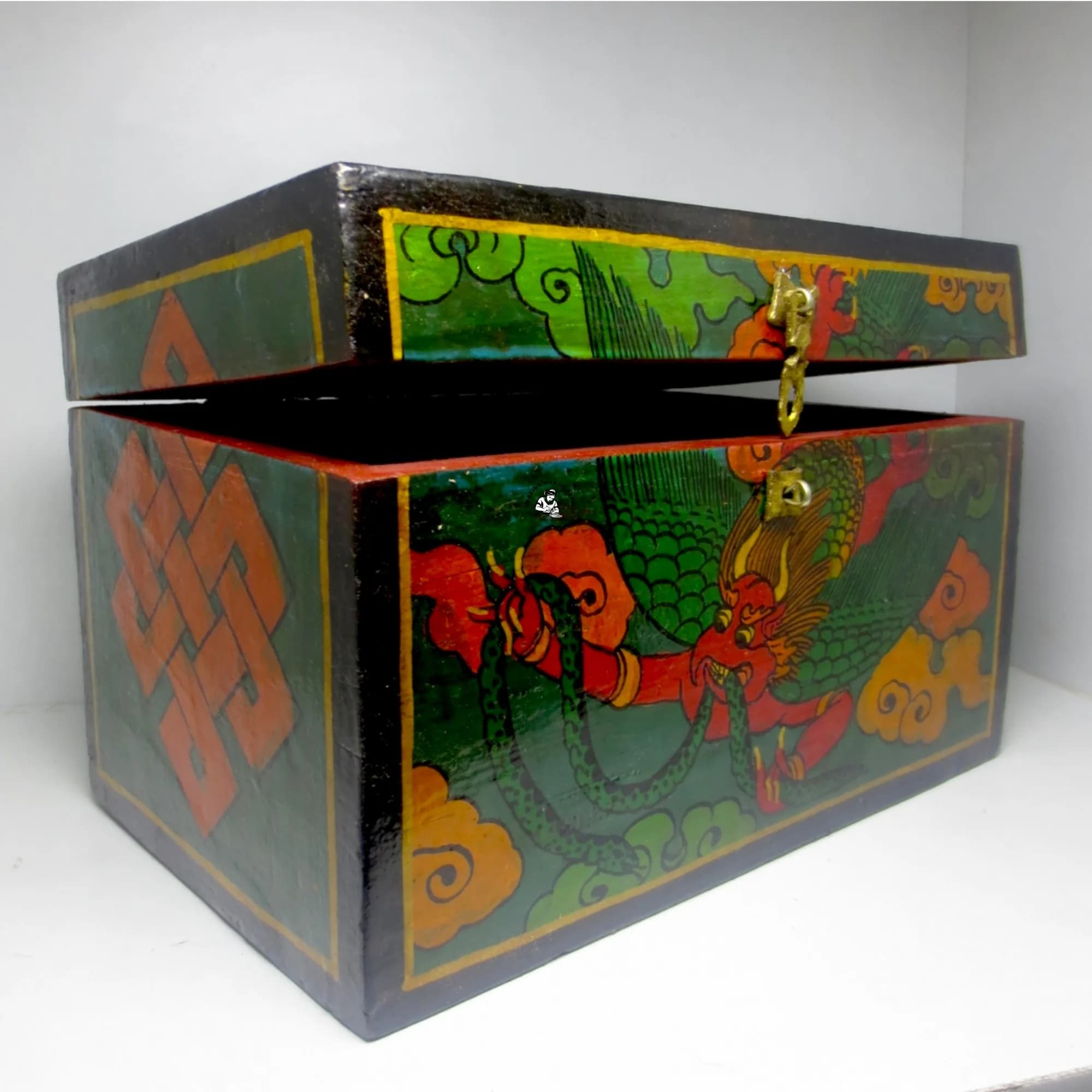 Ancient Symbolic Tibetan Wooden Jewelry Box