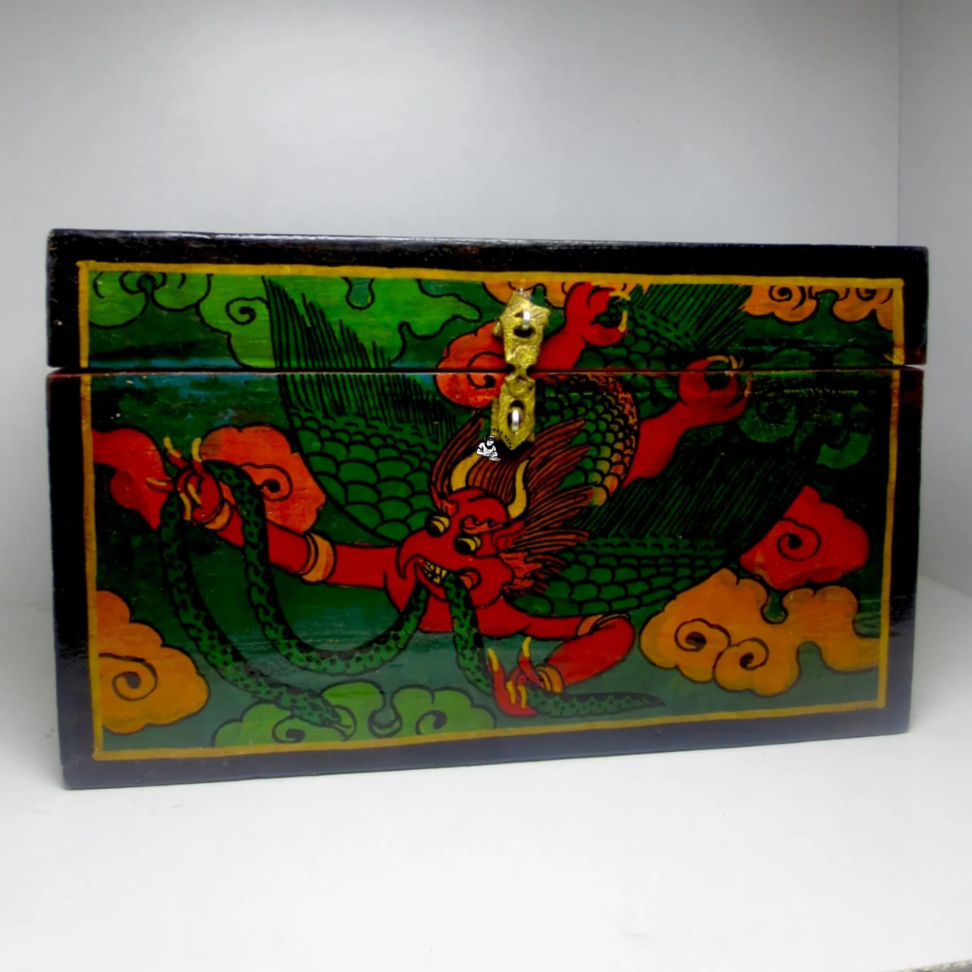 Ancient Symbolic Tibetan Wooden Jewelry Box