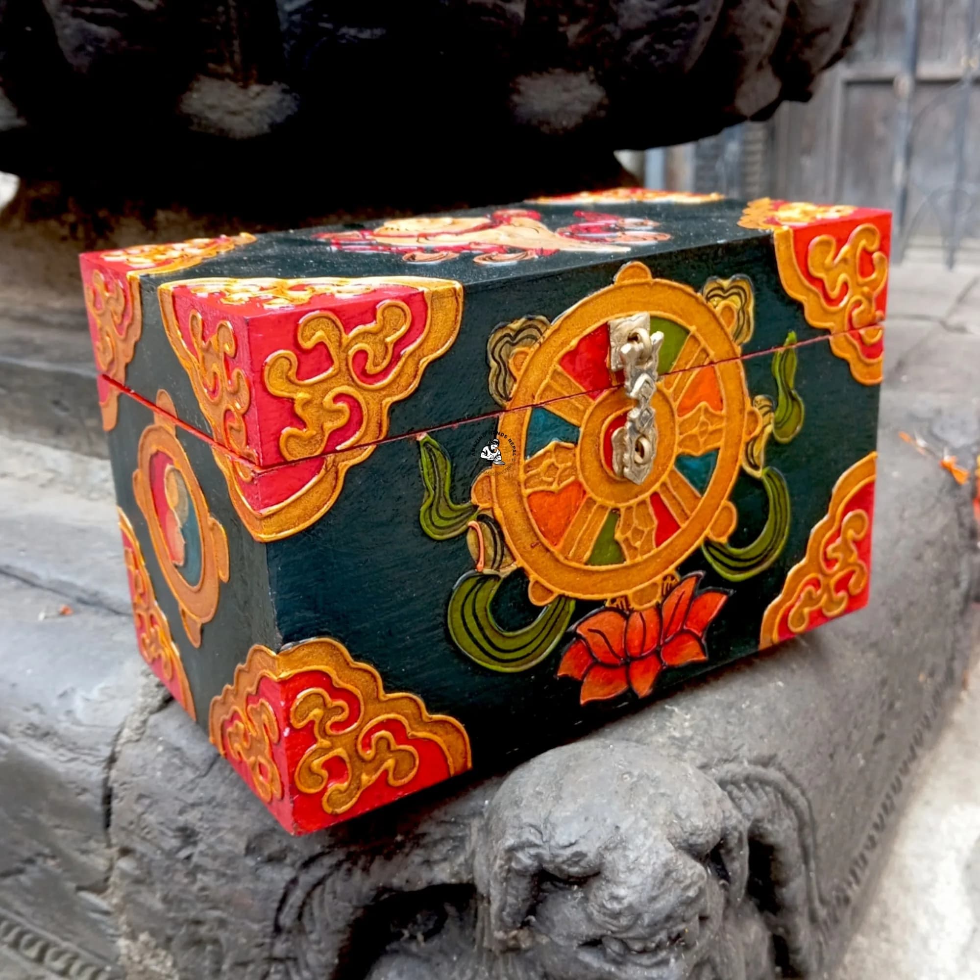 Buddhist Dharma Wheel Painted Wooden Jewelry Box