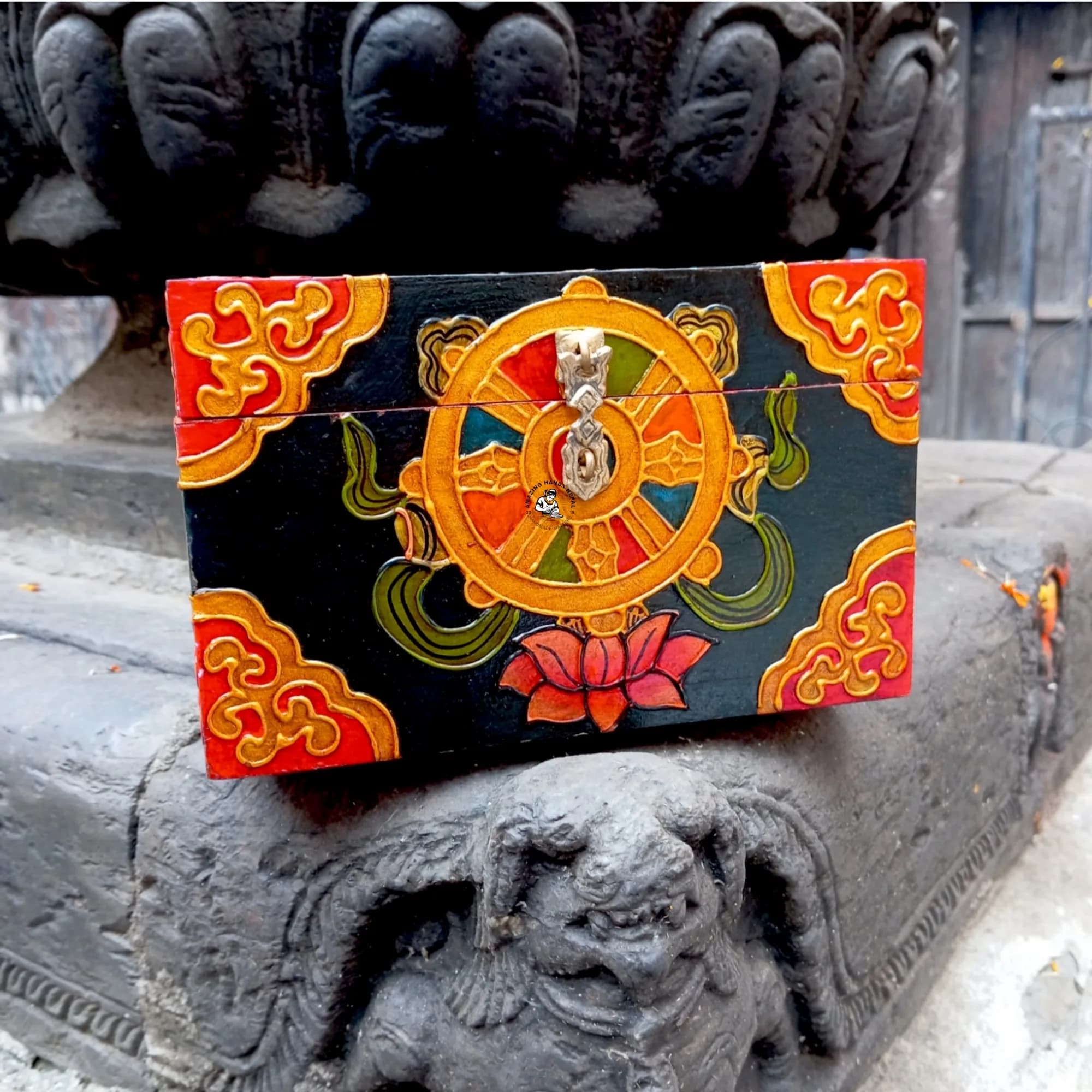 Buddhist Dharma Wheel Painted Wooden Jewelry Box