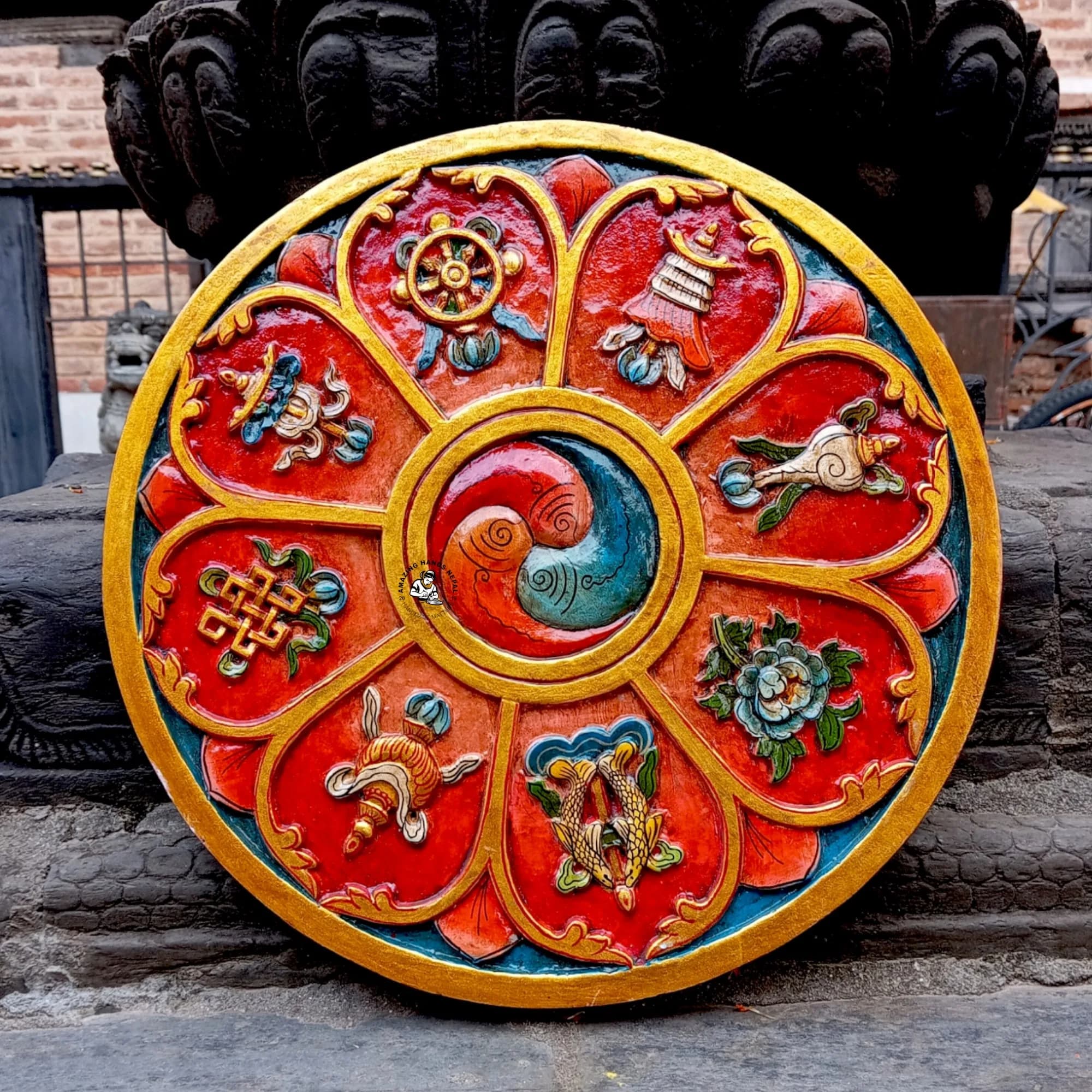 Tibetan Astamandala Carved Wooden Décor
