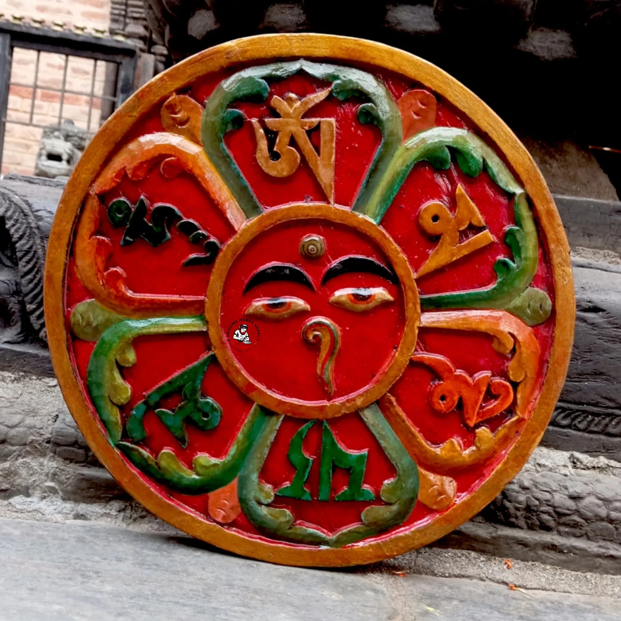Buddhist Om Mani Wooden Mandala Décor
