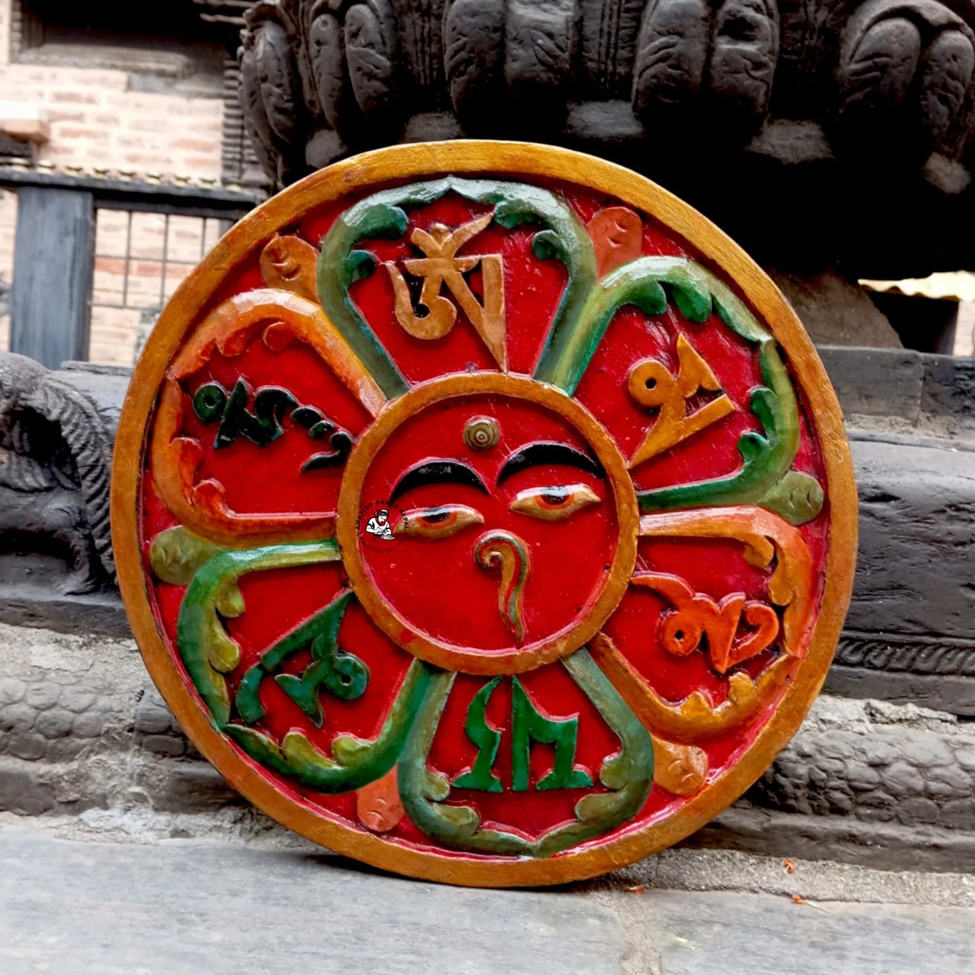 Buddhist Om Mani Wooden Mandala Décor