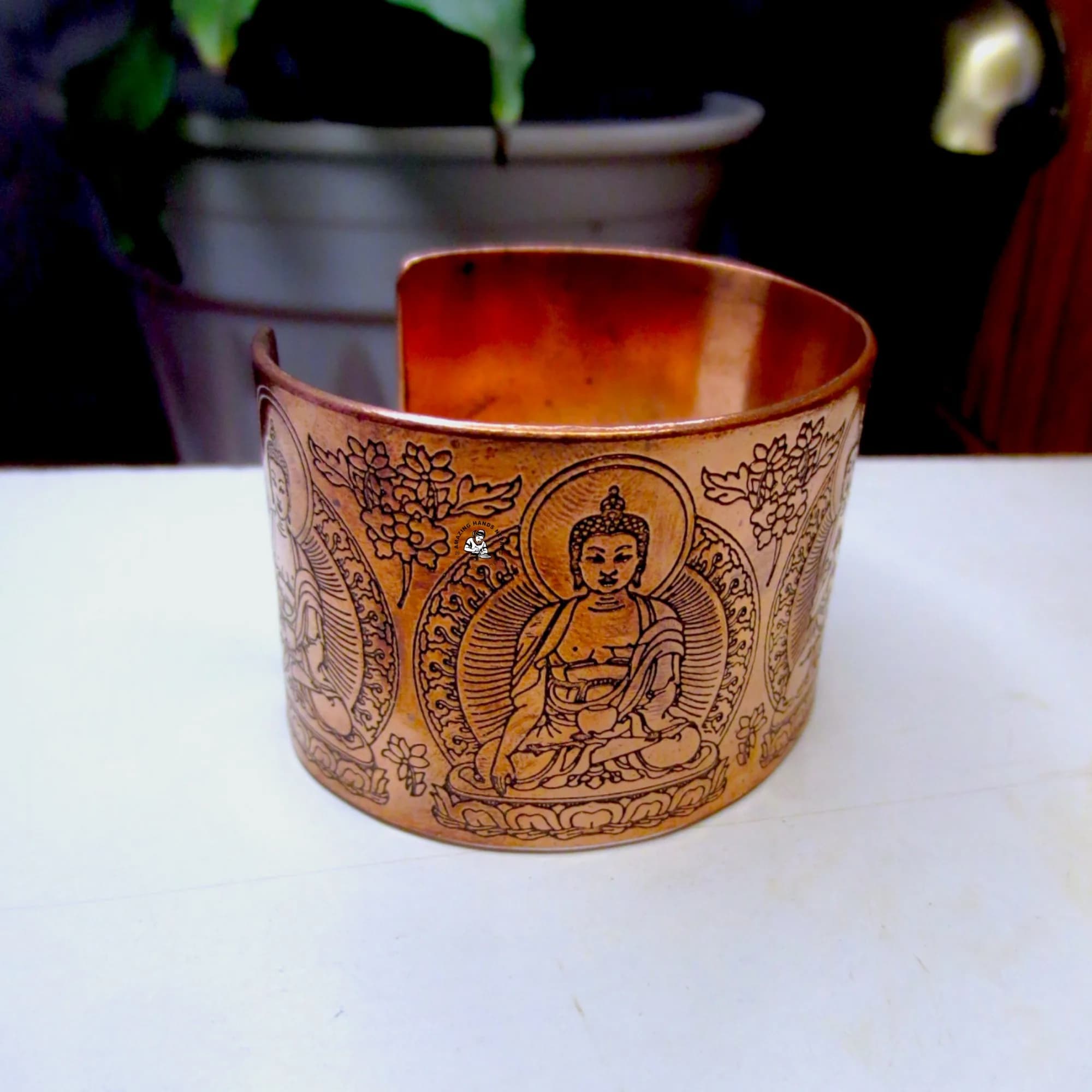 Five Buddha Carved Tibetan Copper Bracelet