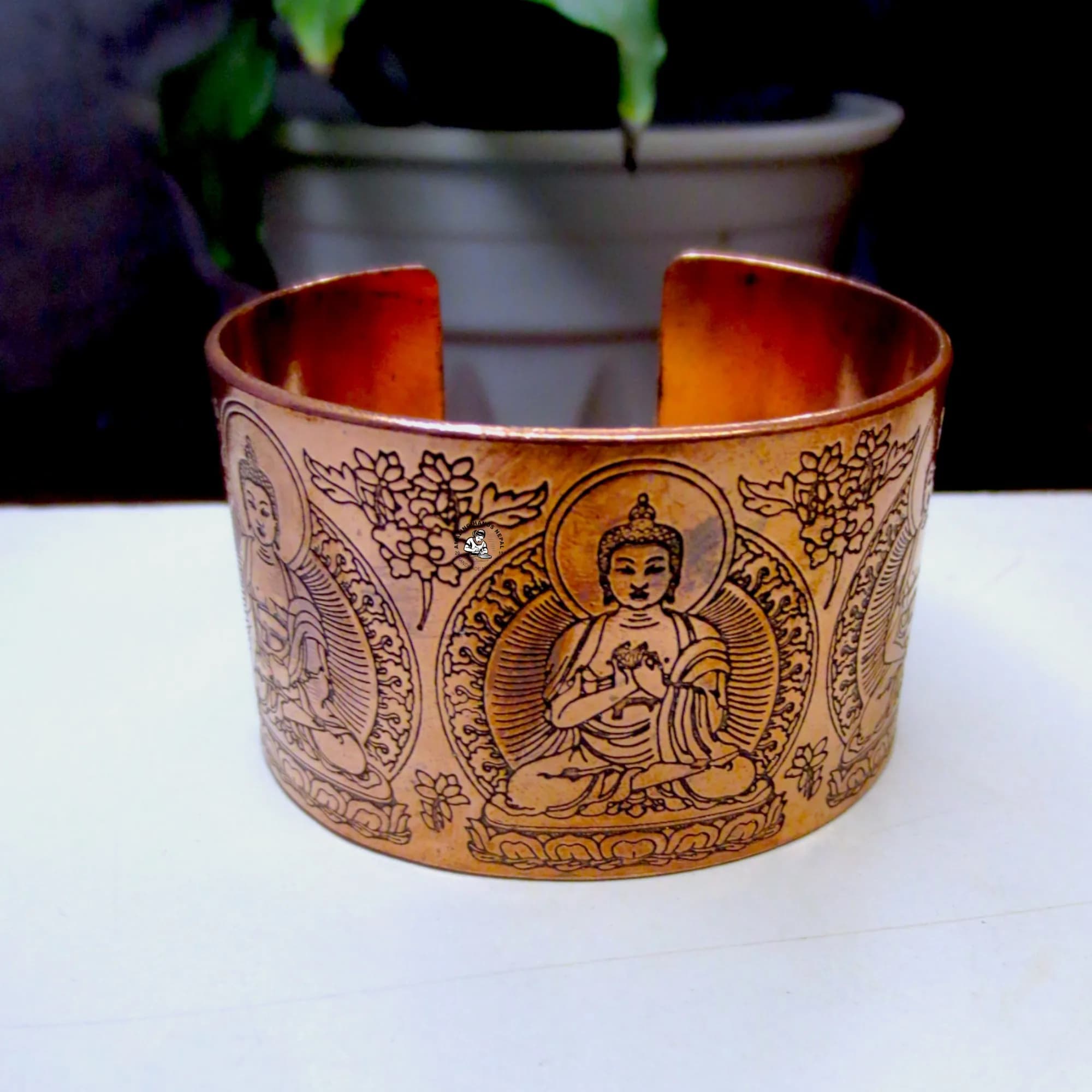 Five Buddha Carved Tibetan Copper Bracelet
