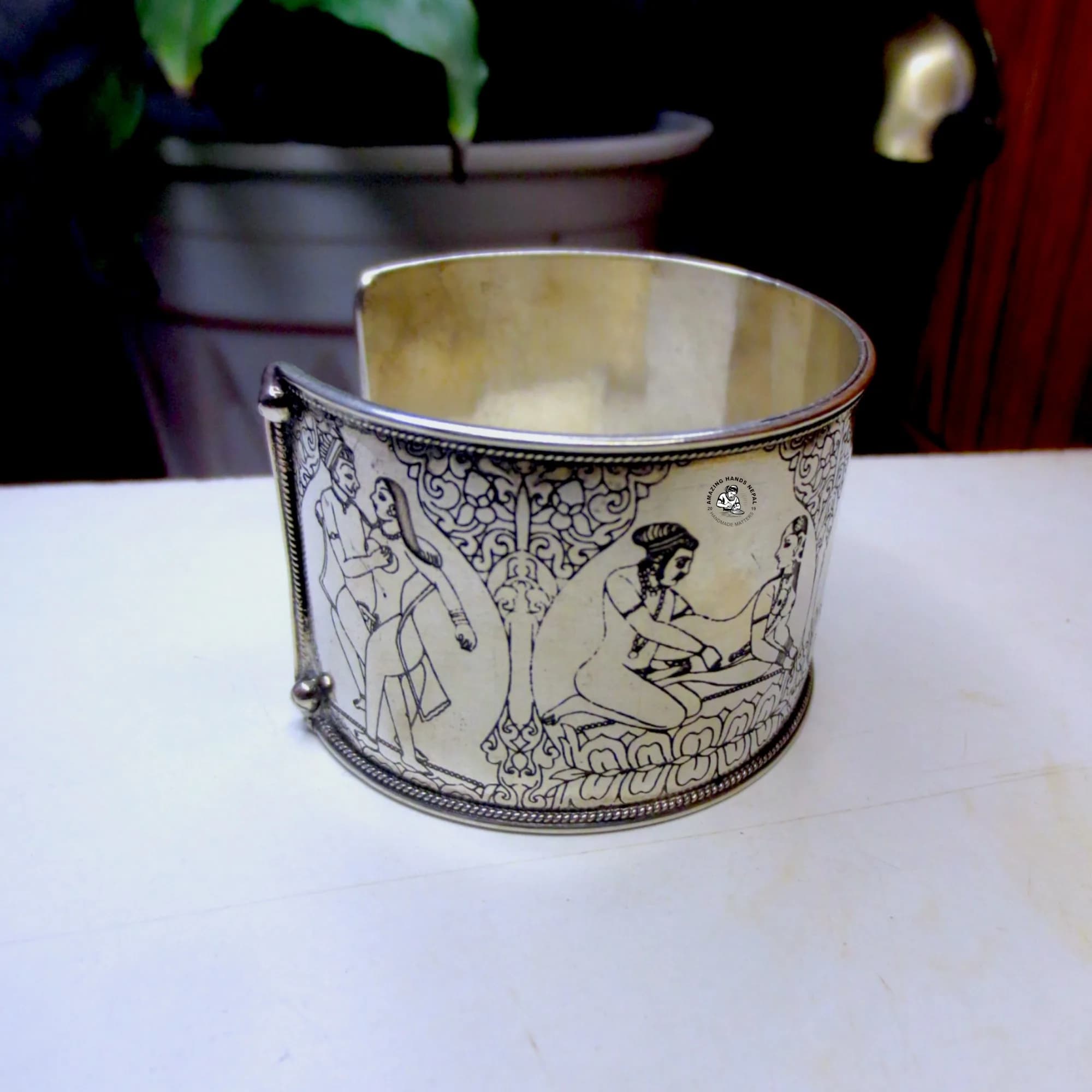 Kamasutra Carved White Metal Bracelet