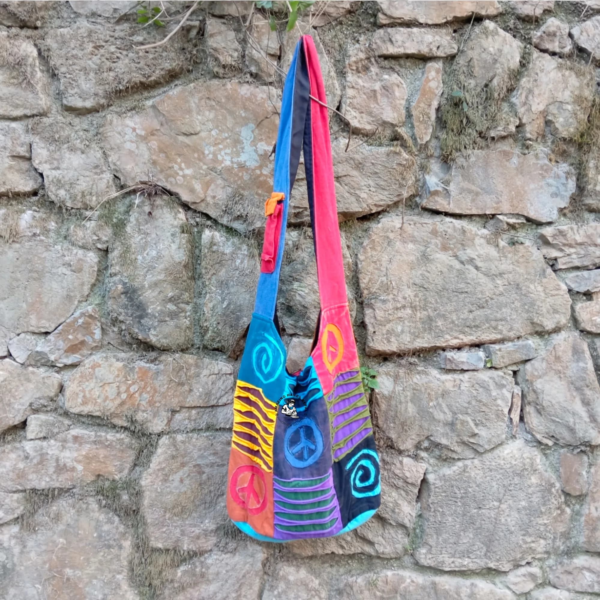 Peace and Spiral Patched Shoulder Cotton Bag