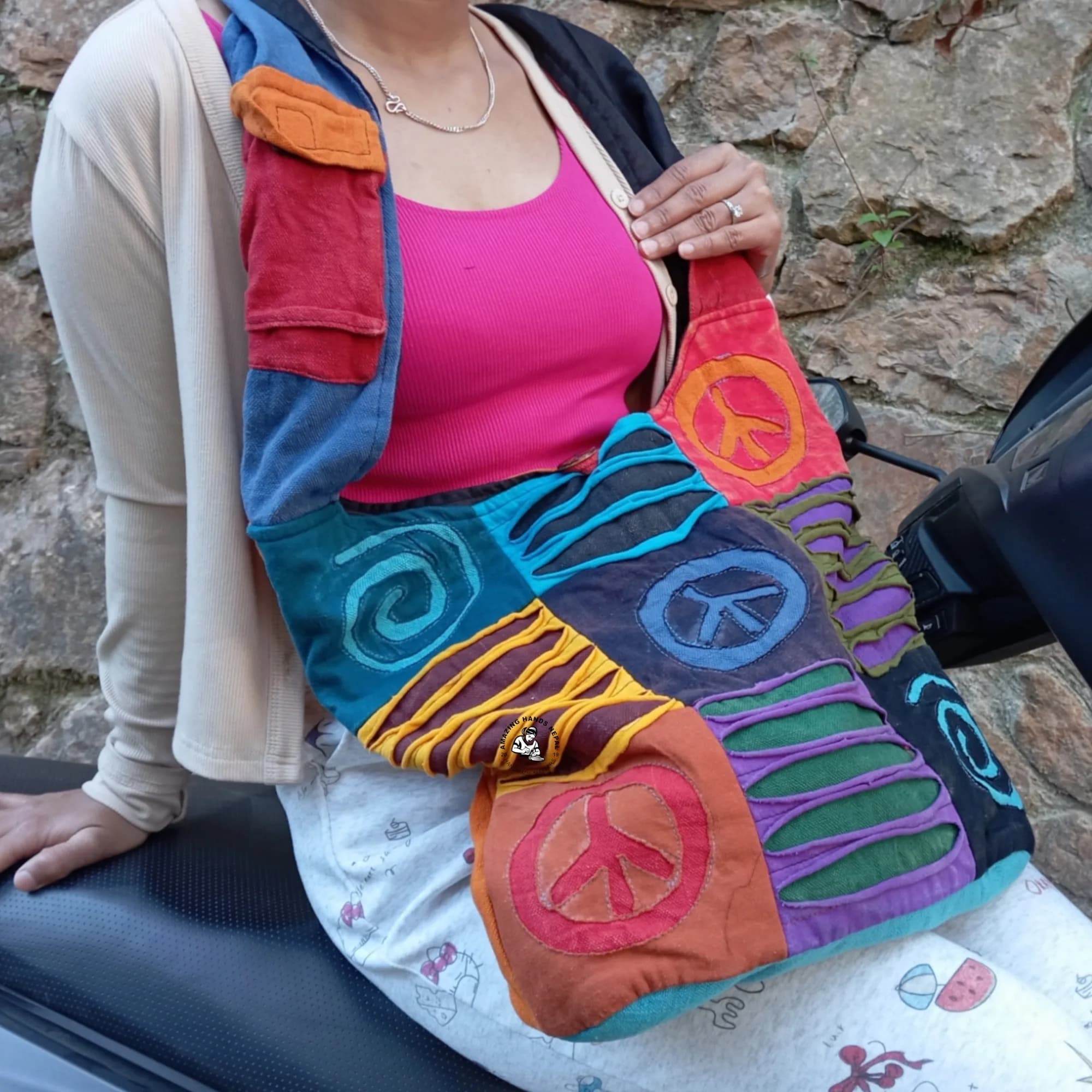 Peace and Spiral Patched Shoulder Cotton Bag