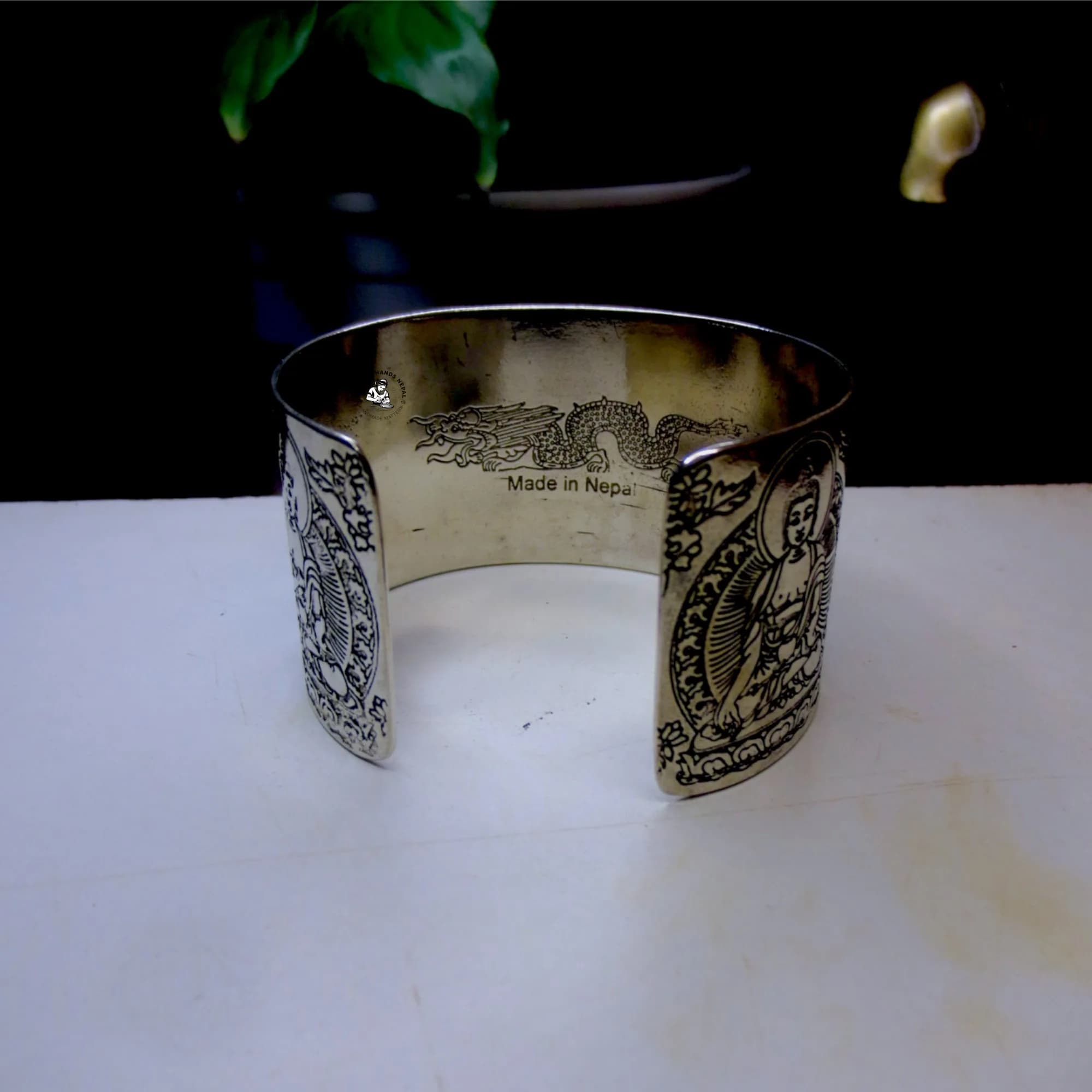 Five Buddha Carved White Metal Bracelet