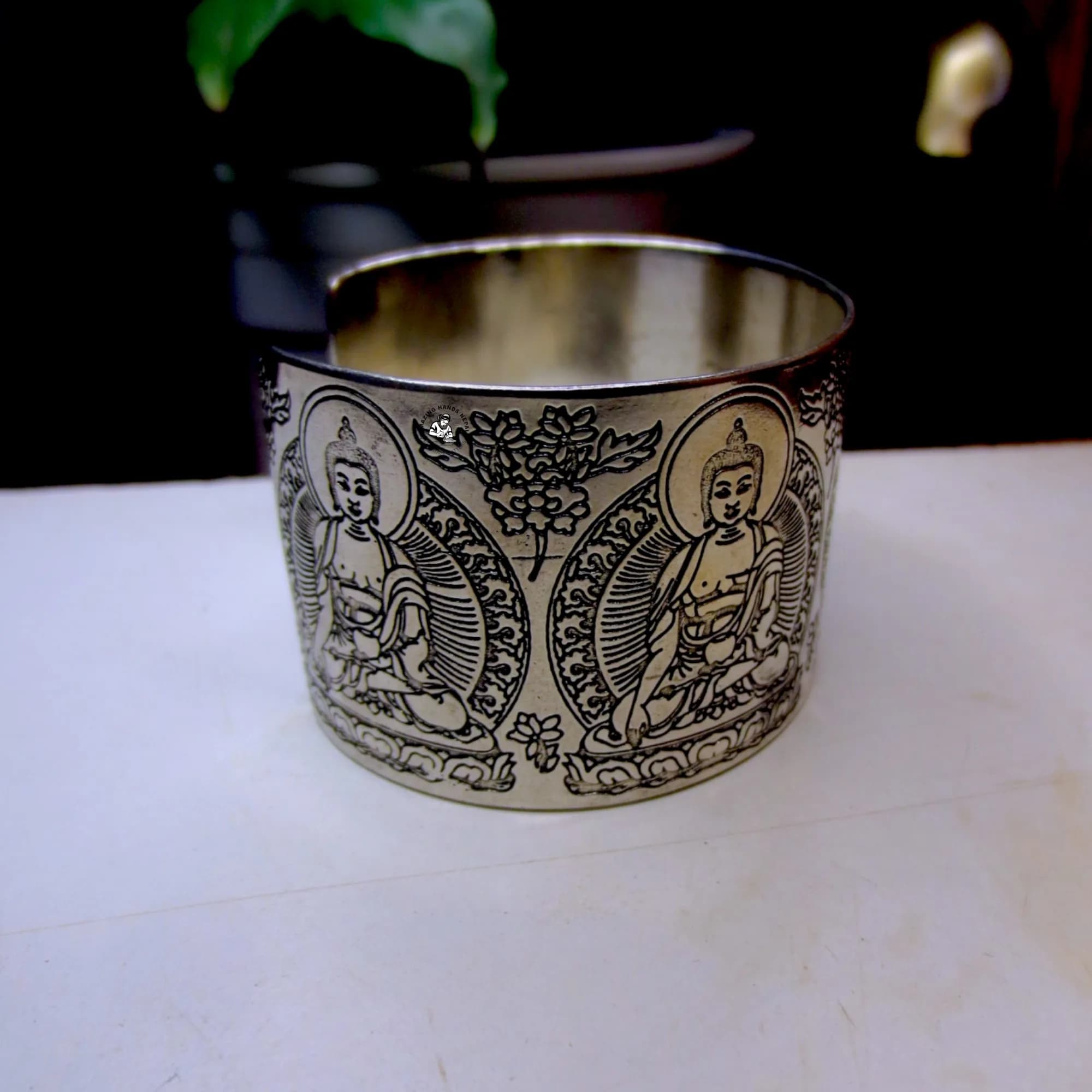 Five Buddha Carved White Metal Bracelet