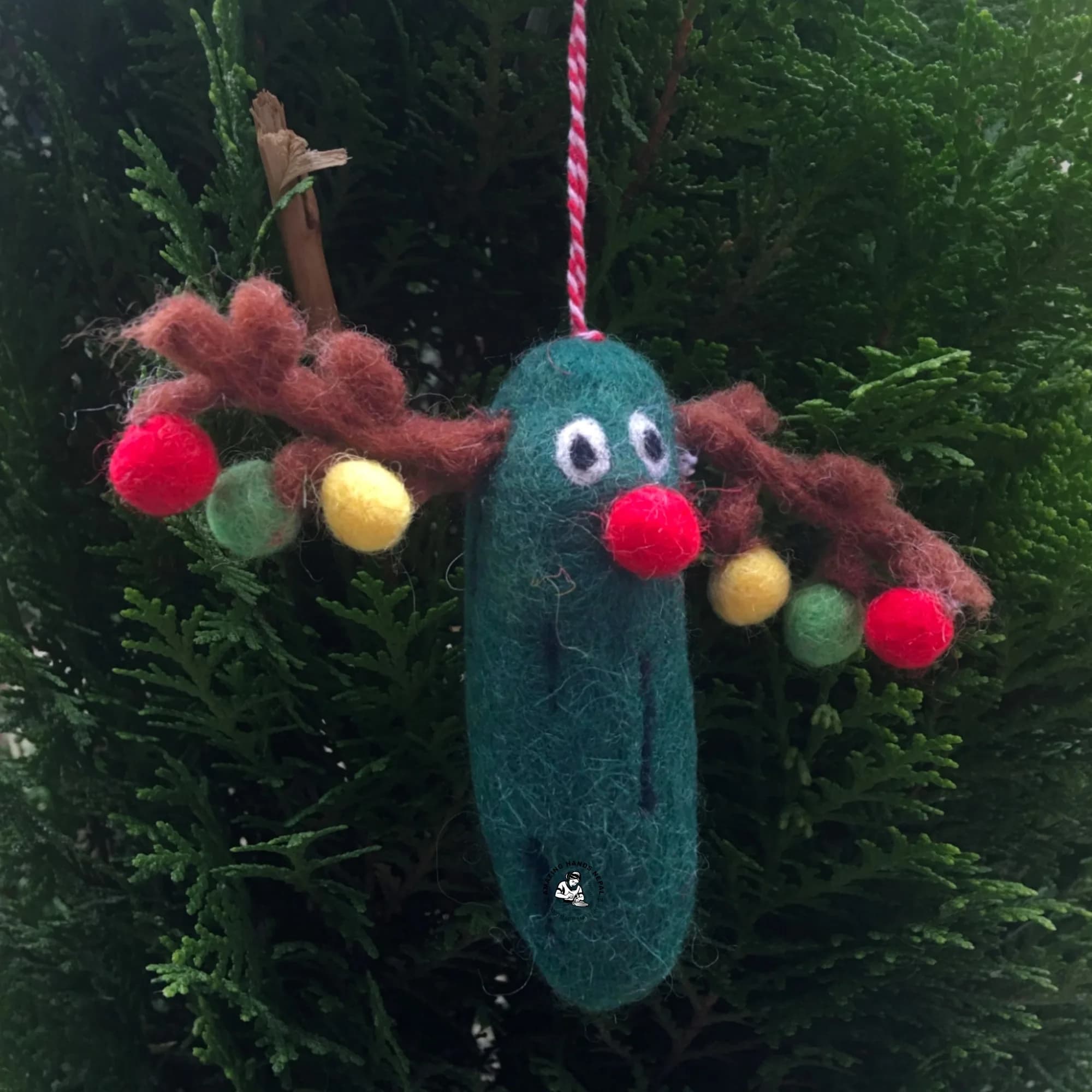 Nepali Felted Pom-pom Reindeer Christmas Ornament