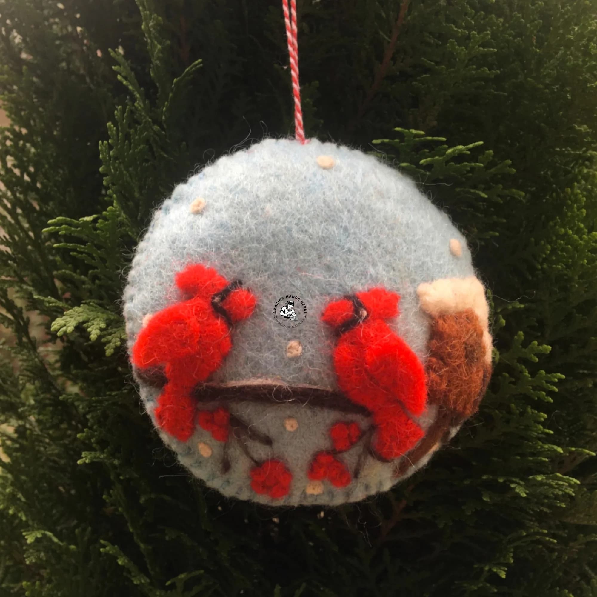 Nepali Artisanal Cardinal Bird Felted Christmas Ornament,