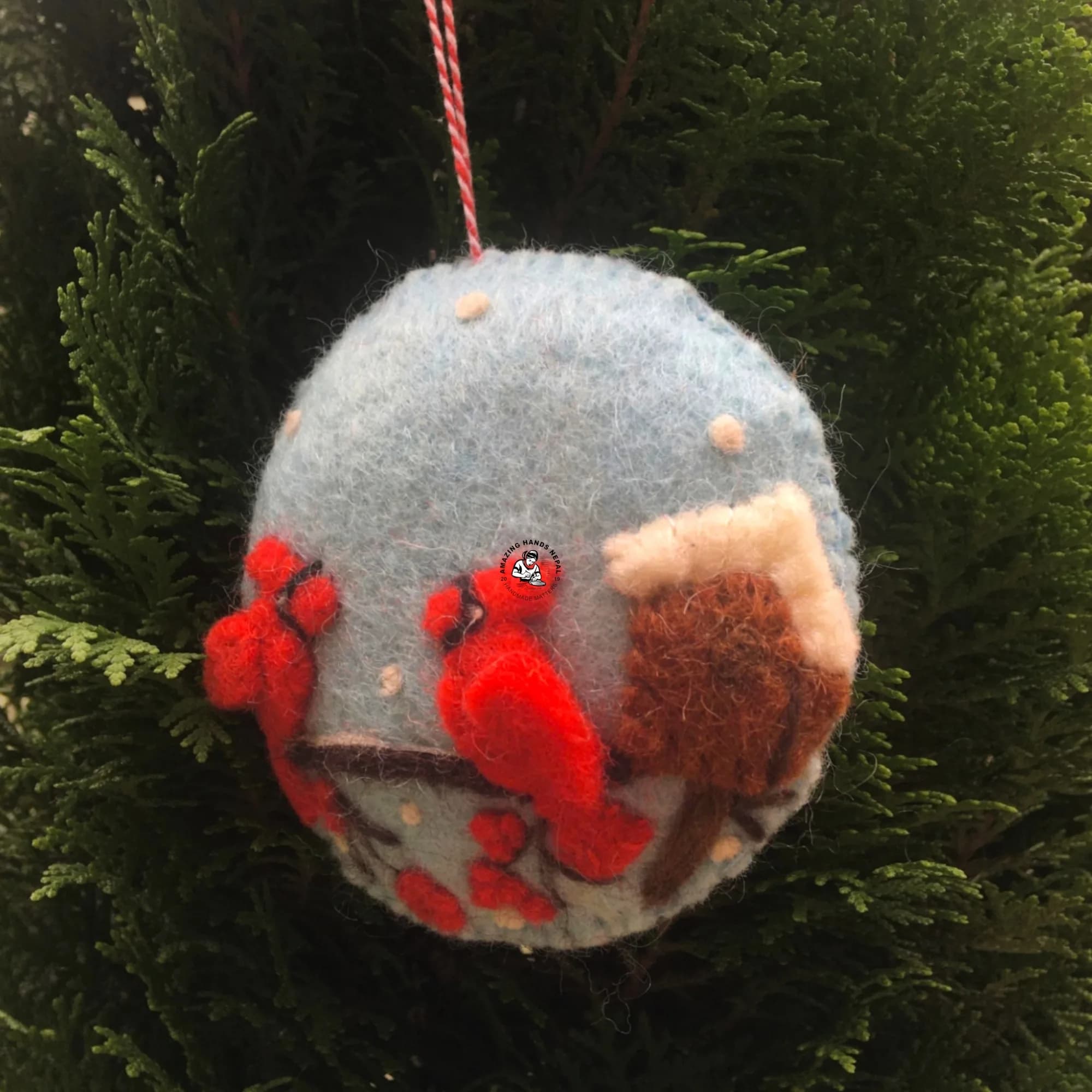 Nepali Artisanal Cardinal Bird Felted Christmas Ornament,