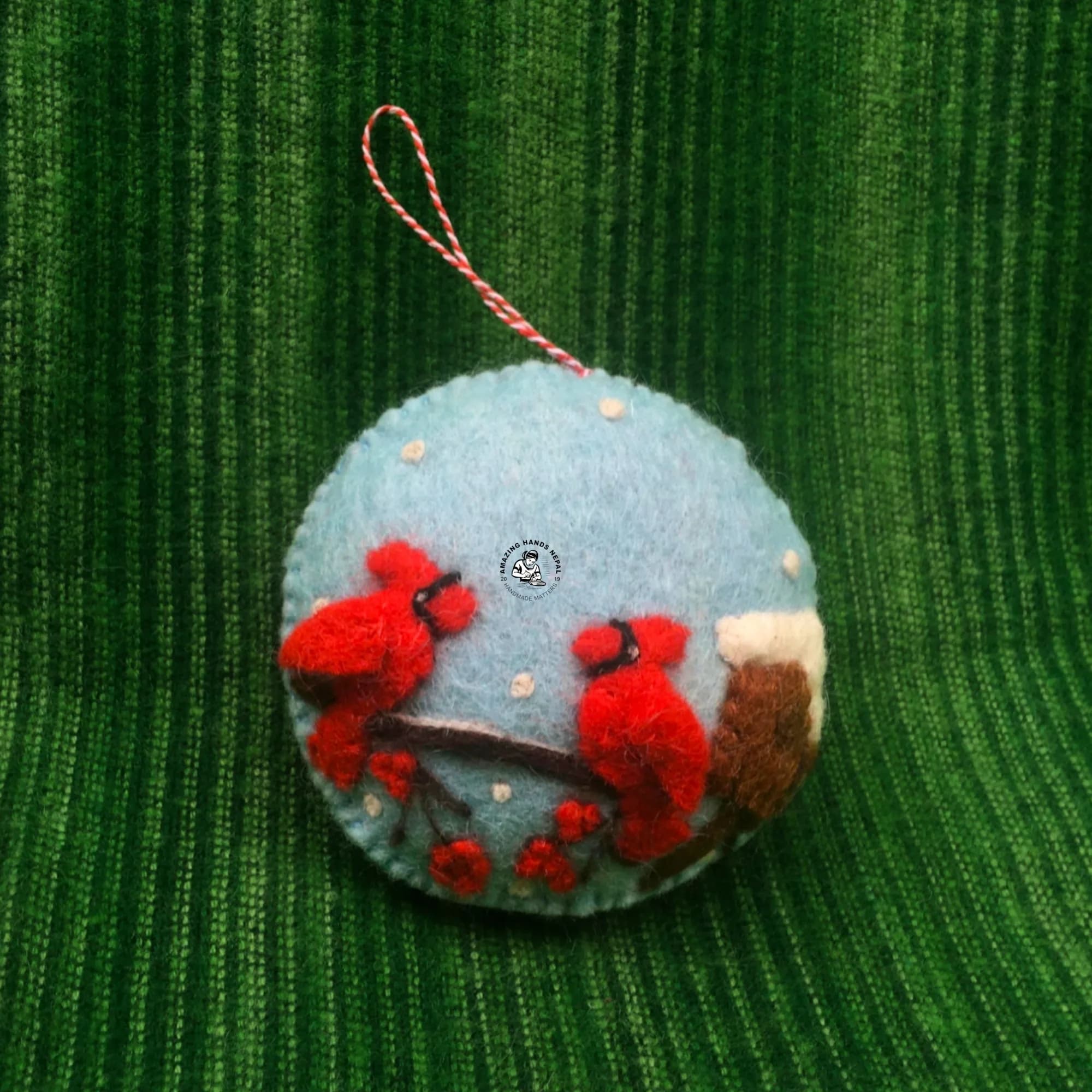 Nepali Artisanal Cardinal Bird Felted Christmas Ornament,