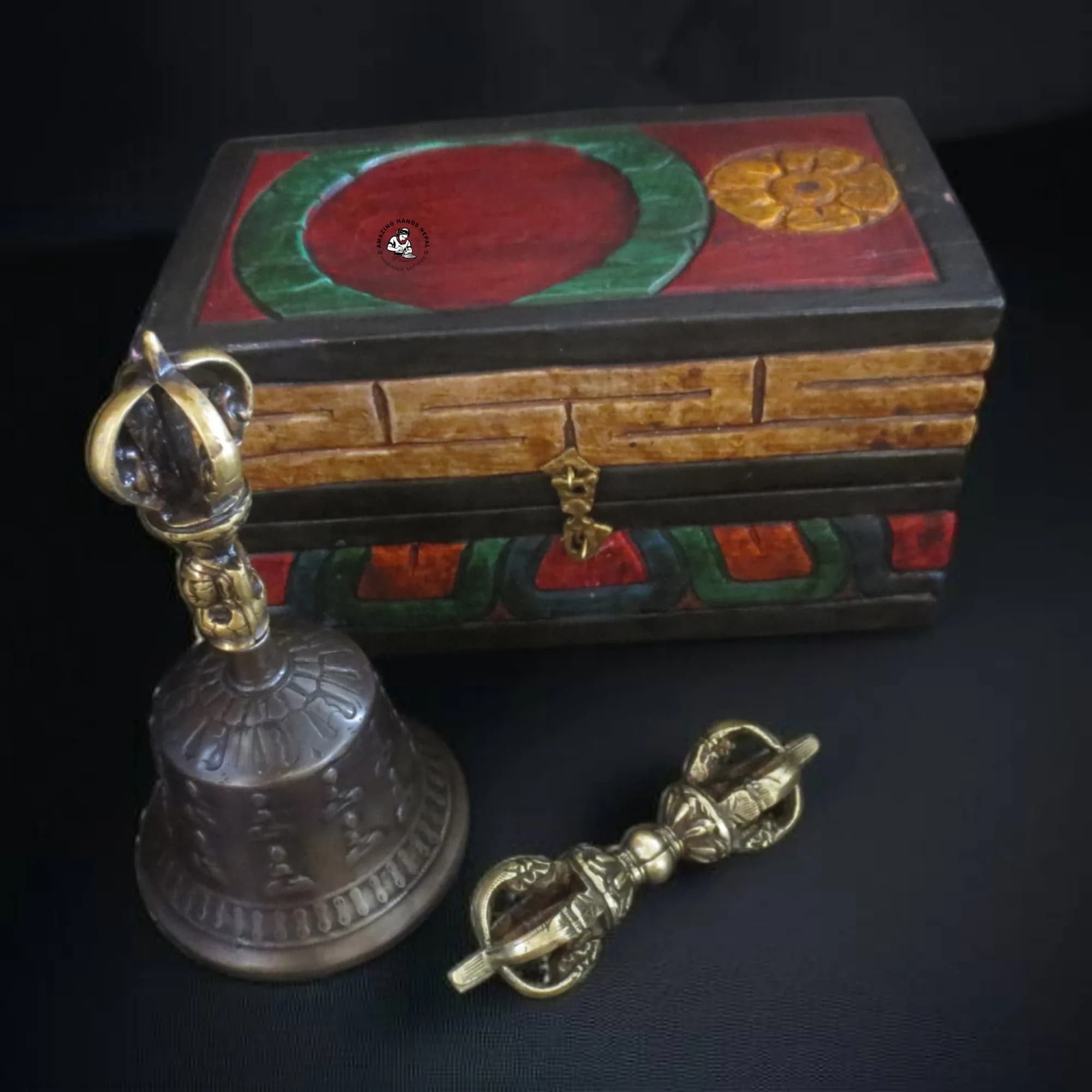 Tibetan Antiqued Bell and Dorje Altar Box