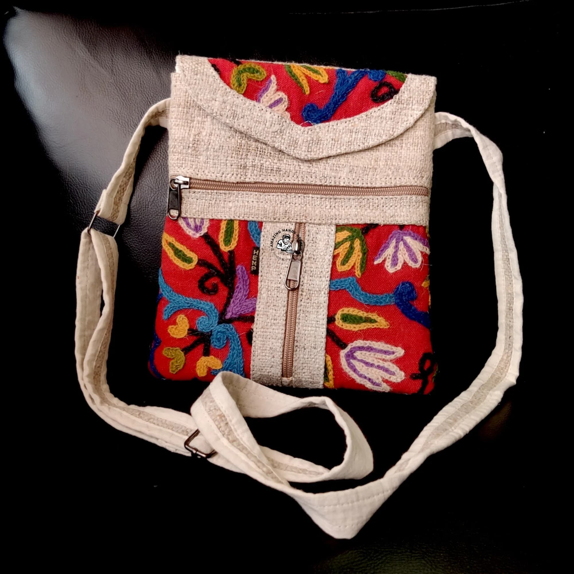 Embroidered Design Hemp Strap Bag