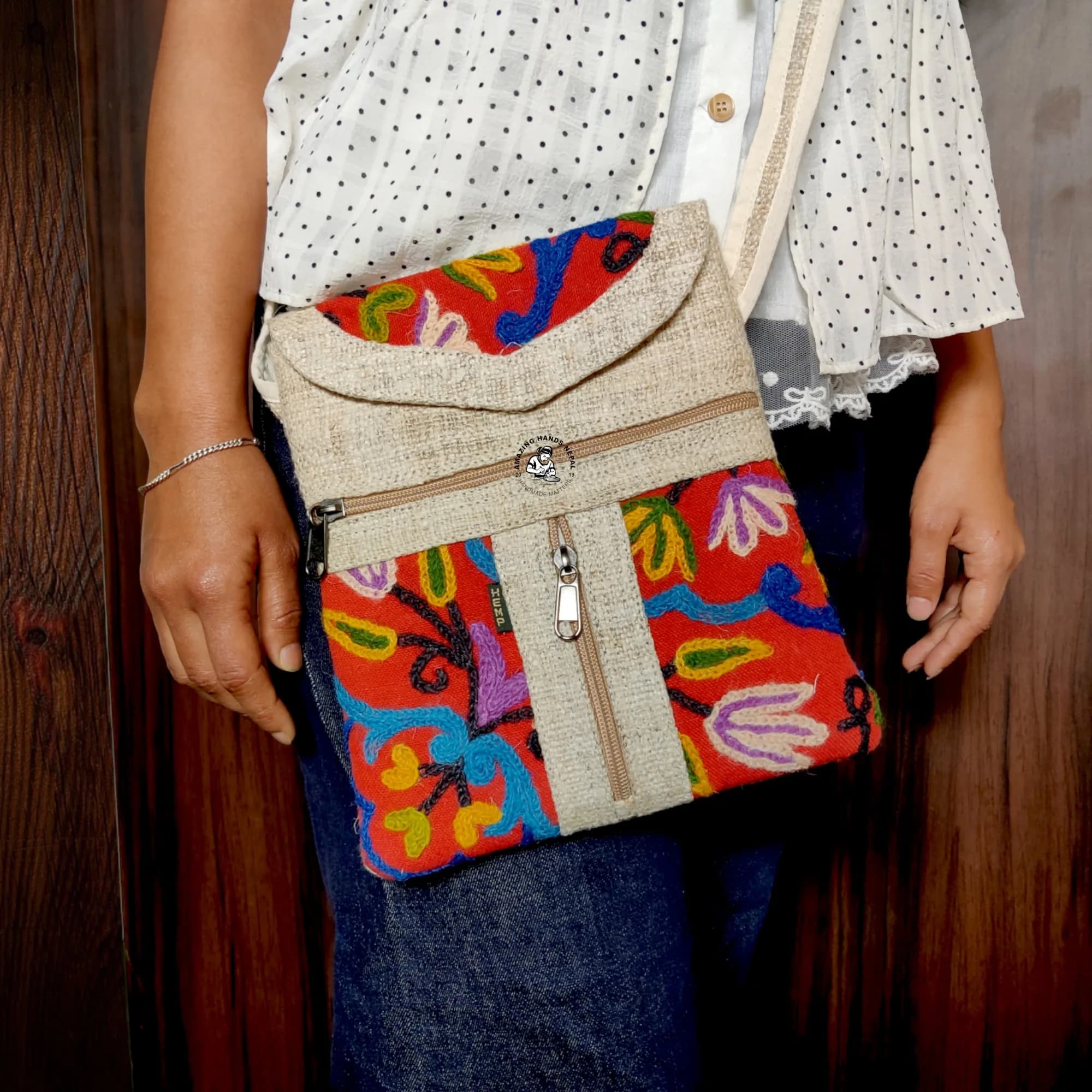Embroidered Design Hemp Strap Bag