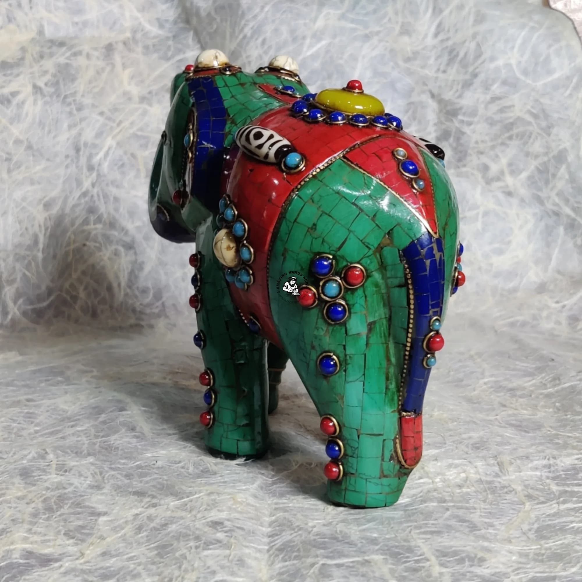 Handcrafted Wooden Elephant Statue With Beads and Stone Inlay