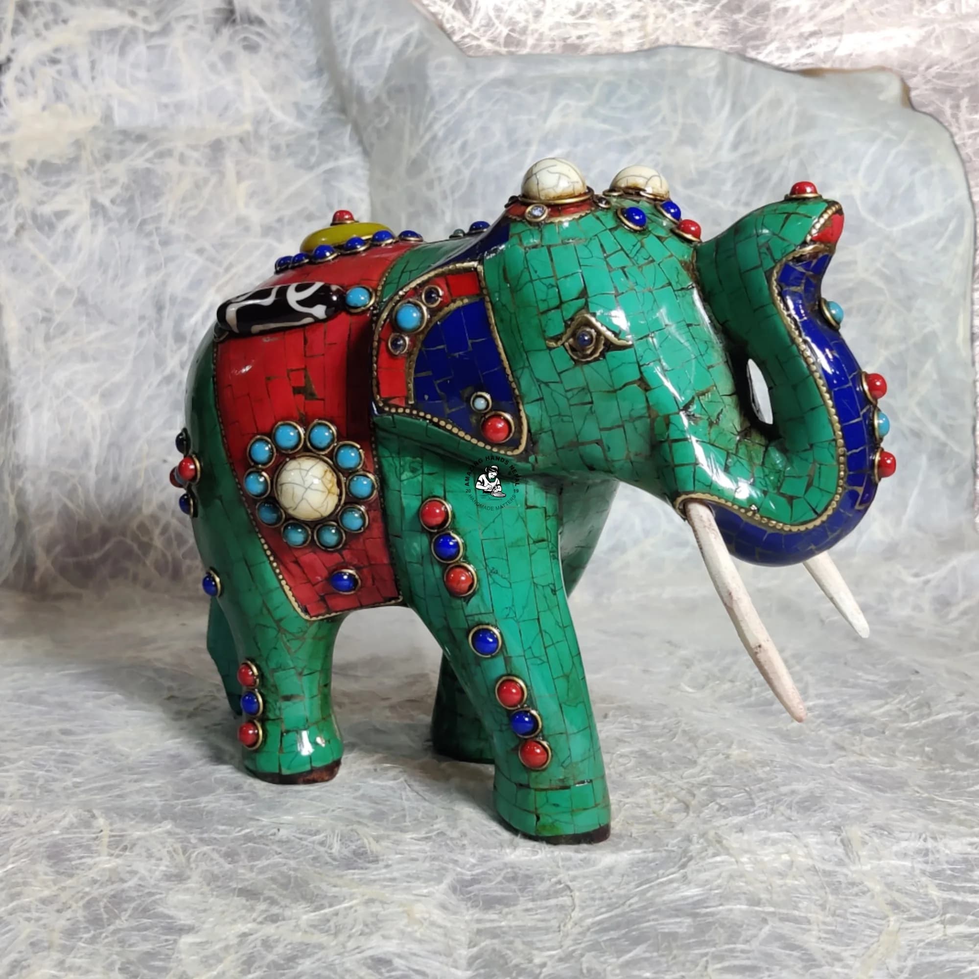 Handcrafted Wooden Elephant Statue With Beads and Stone Inlay
