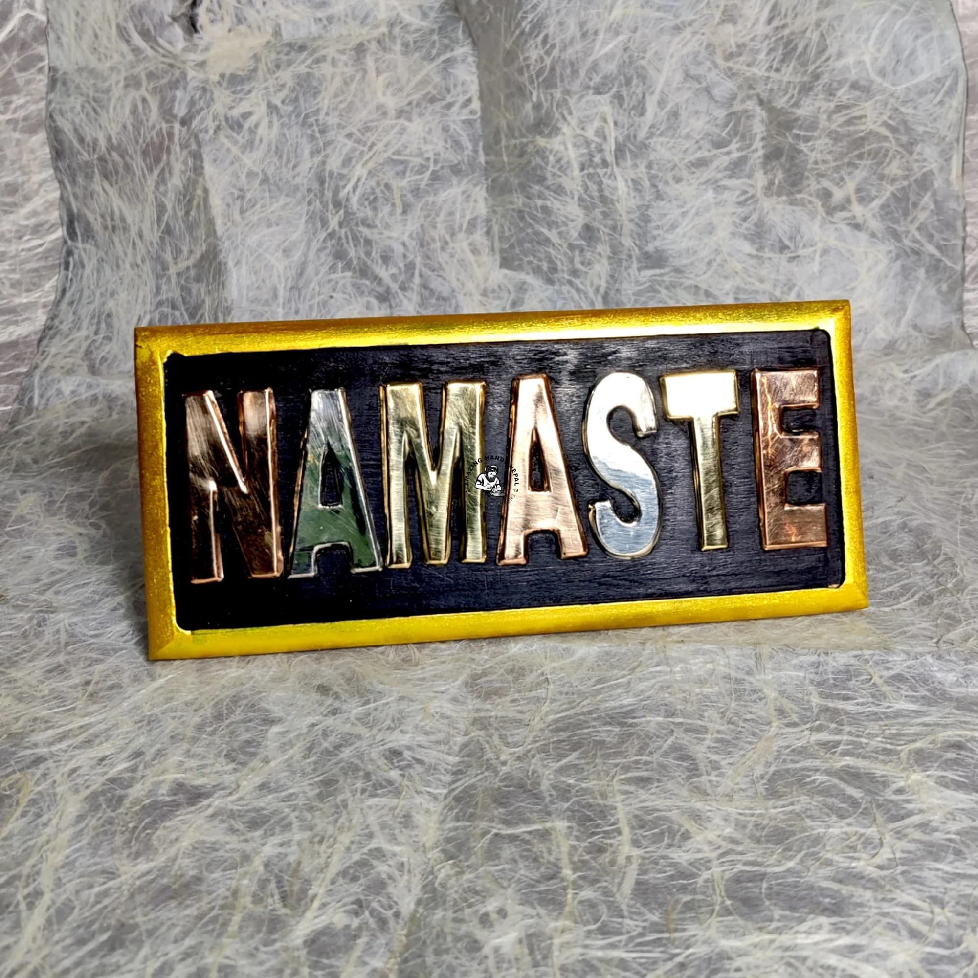 Handmade Wooden Namaste Plaque Brass Copper Inlay Nepal