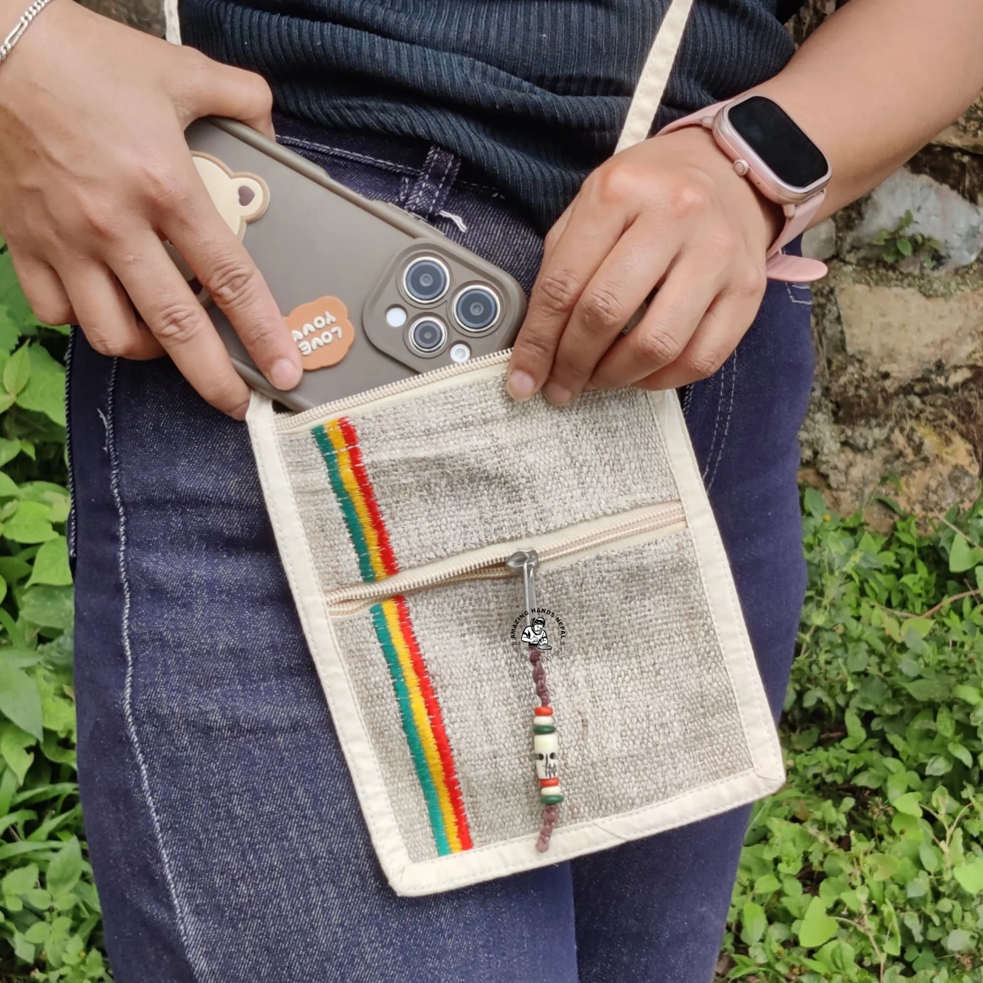 Himalayan Handcrafted Rasta Color Hemp Natural Passport Bag
