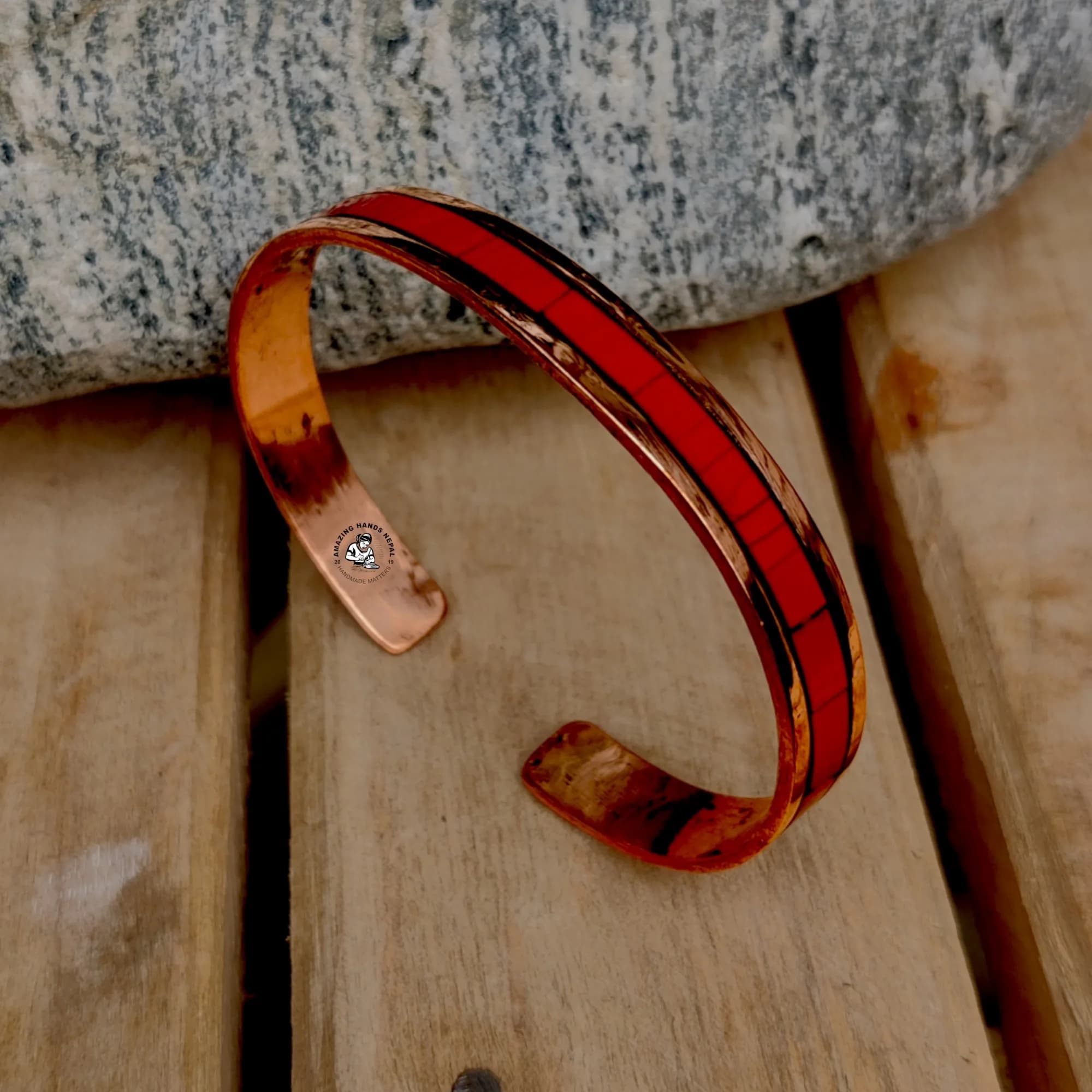 Coral Stone Inlaid Copper Bracelet