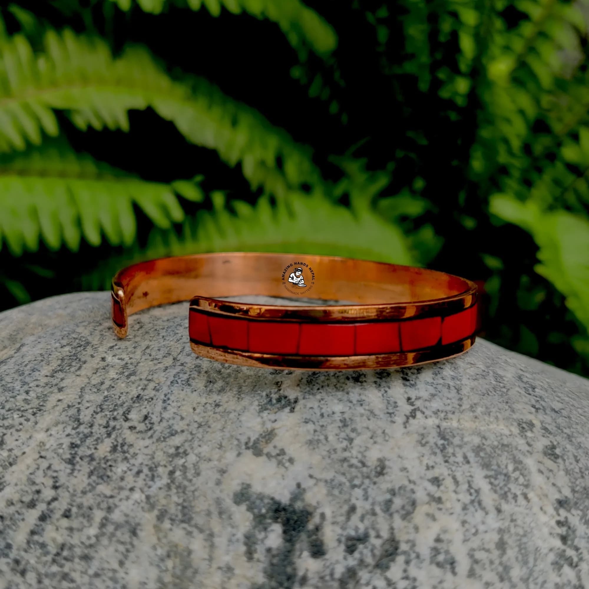Coral Stone Inlaid Copper Bracelet