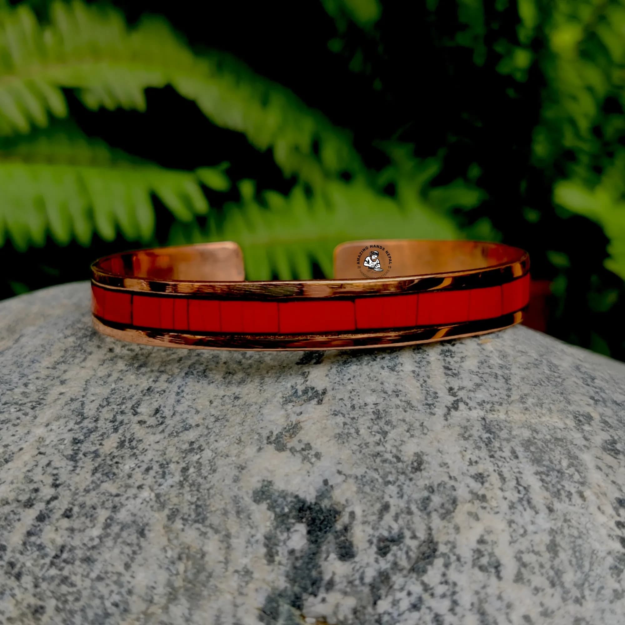 Coral Stone Inlaid Copper Bracelet