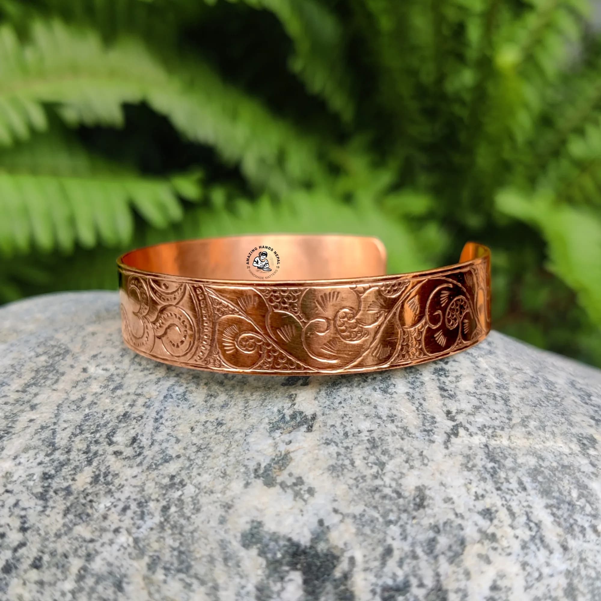 Hindu Om Carved Copper Flower Bracelet