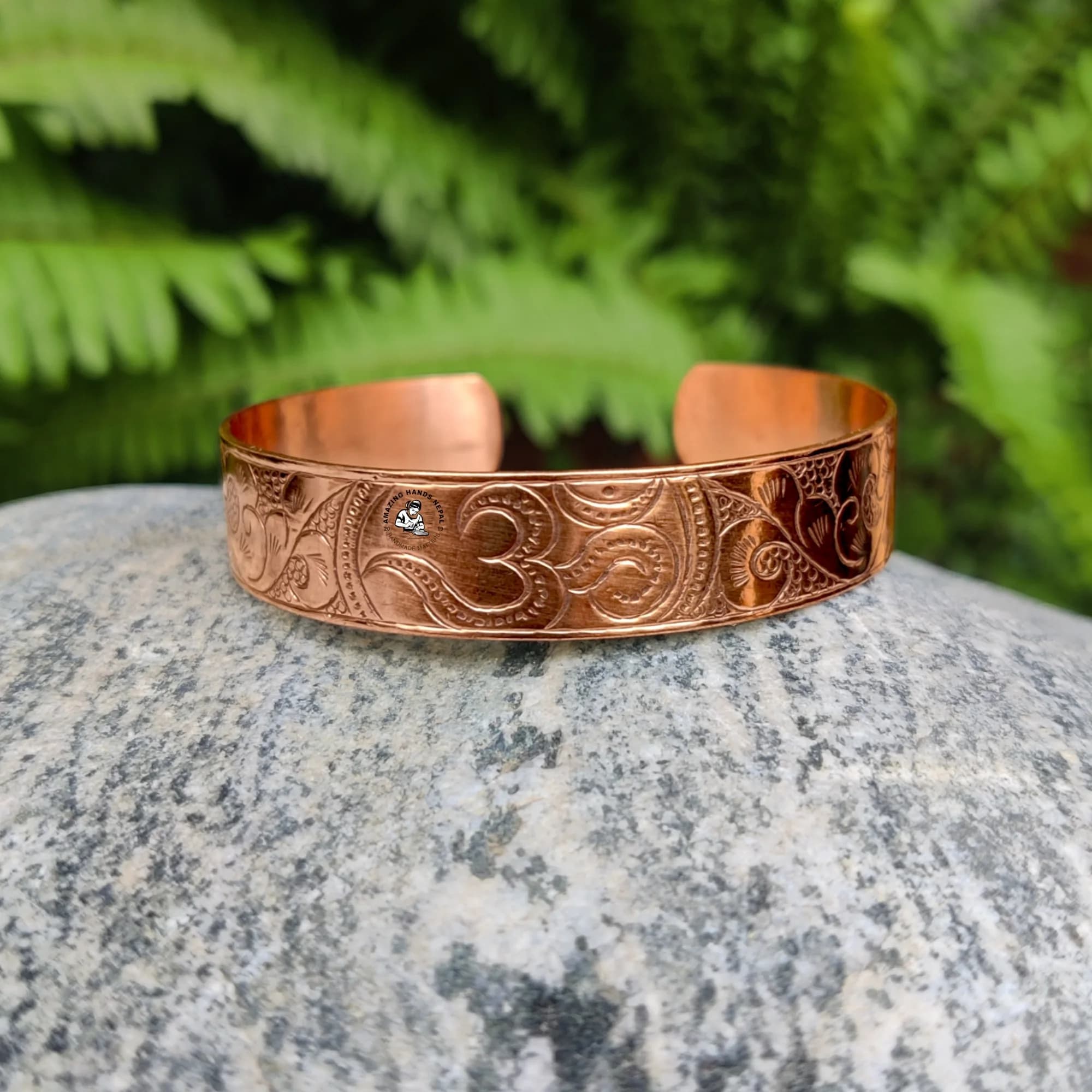 Hindu Om Carved Copper Flower Bracelet