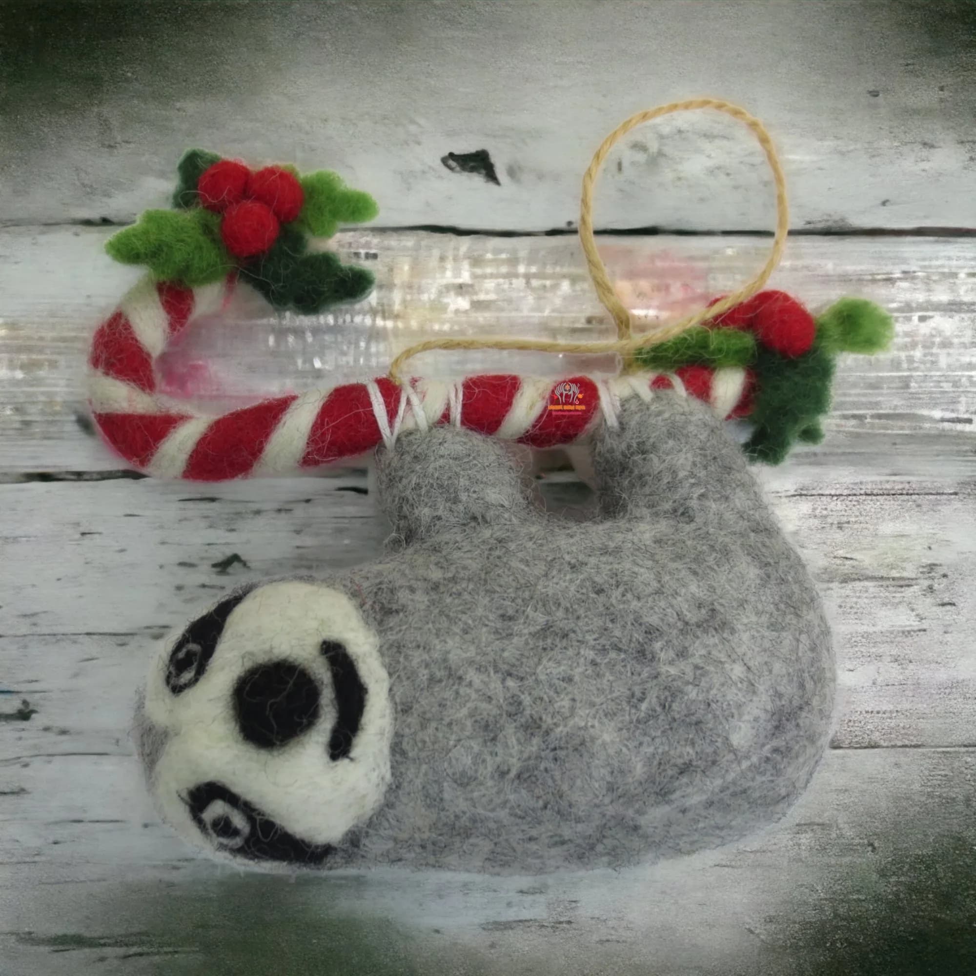 Felted Candy Cane Sloth Ornament